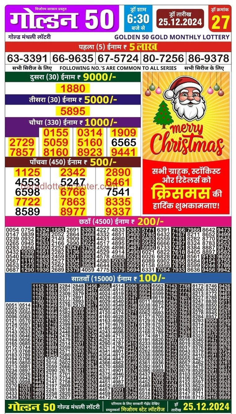 Golden 50 Gold Monthly Lottery Result Draw Date 25-12-24 6-30PM lottery result